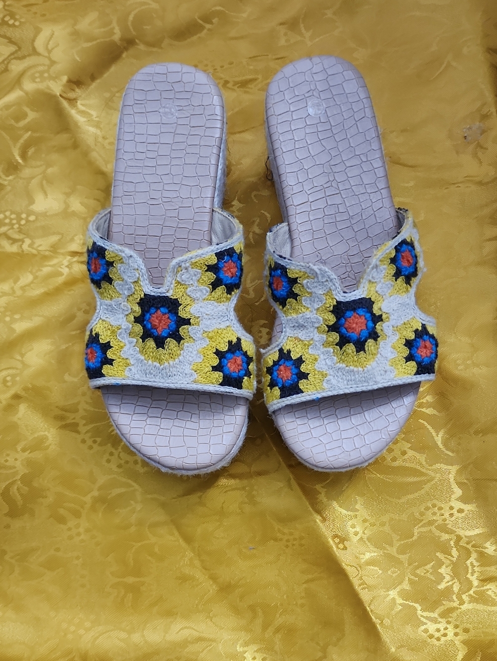 Handcrafted White Crocheted Slide Sandals with Colorful Floral Motif